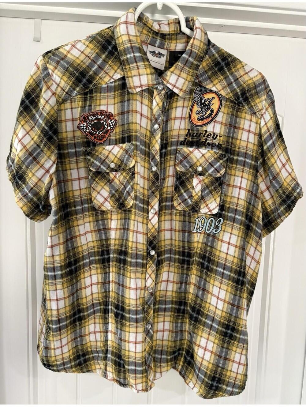 Harley Davidson Women’s 1X Pearl Snap Front Work Shirt Patches Flannel